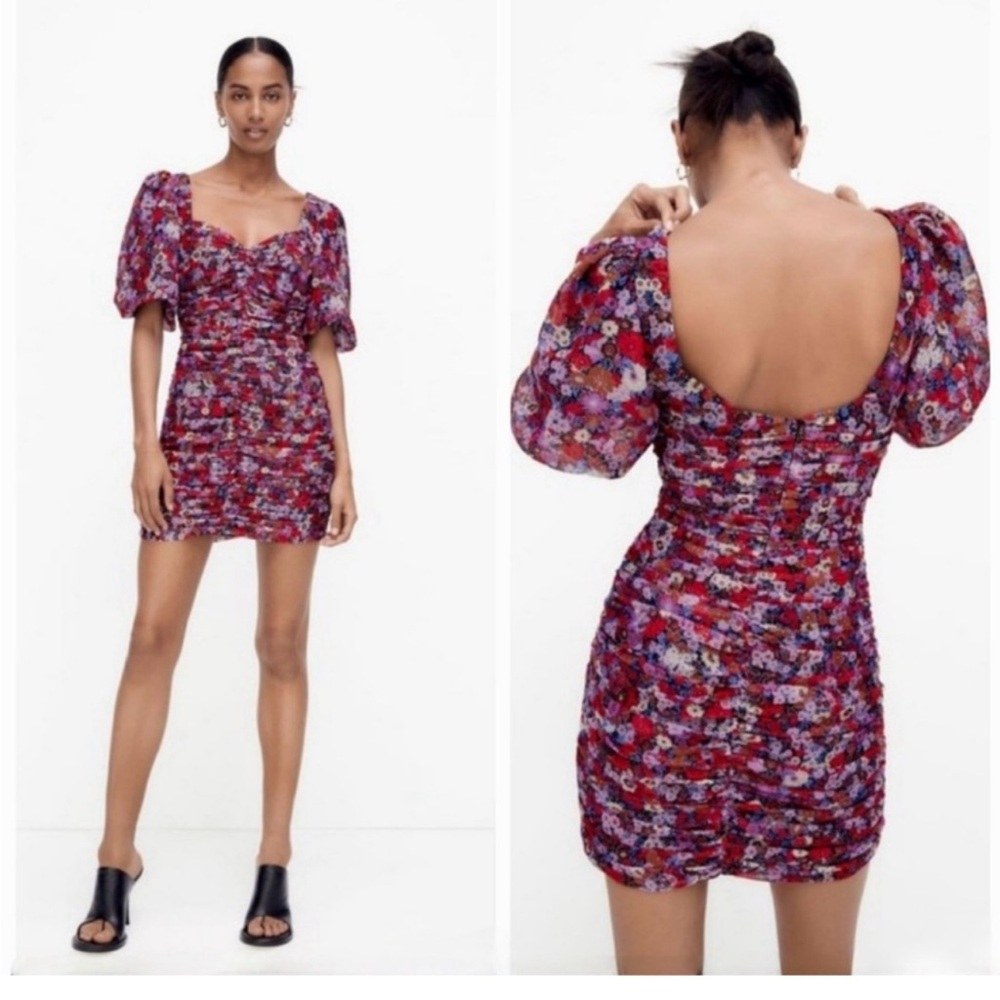 NWT Zara short sleeve puff ruched floral dress small - Picture 8 of 8